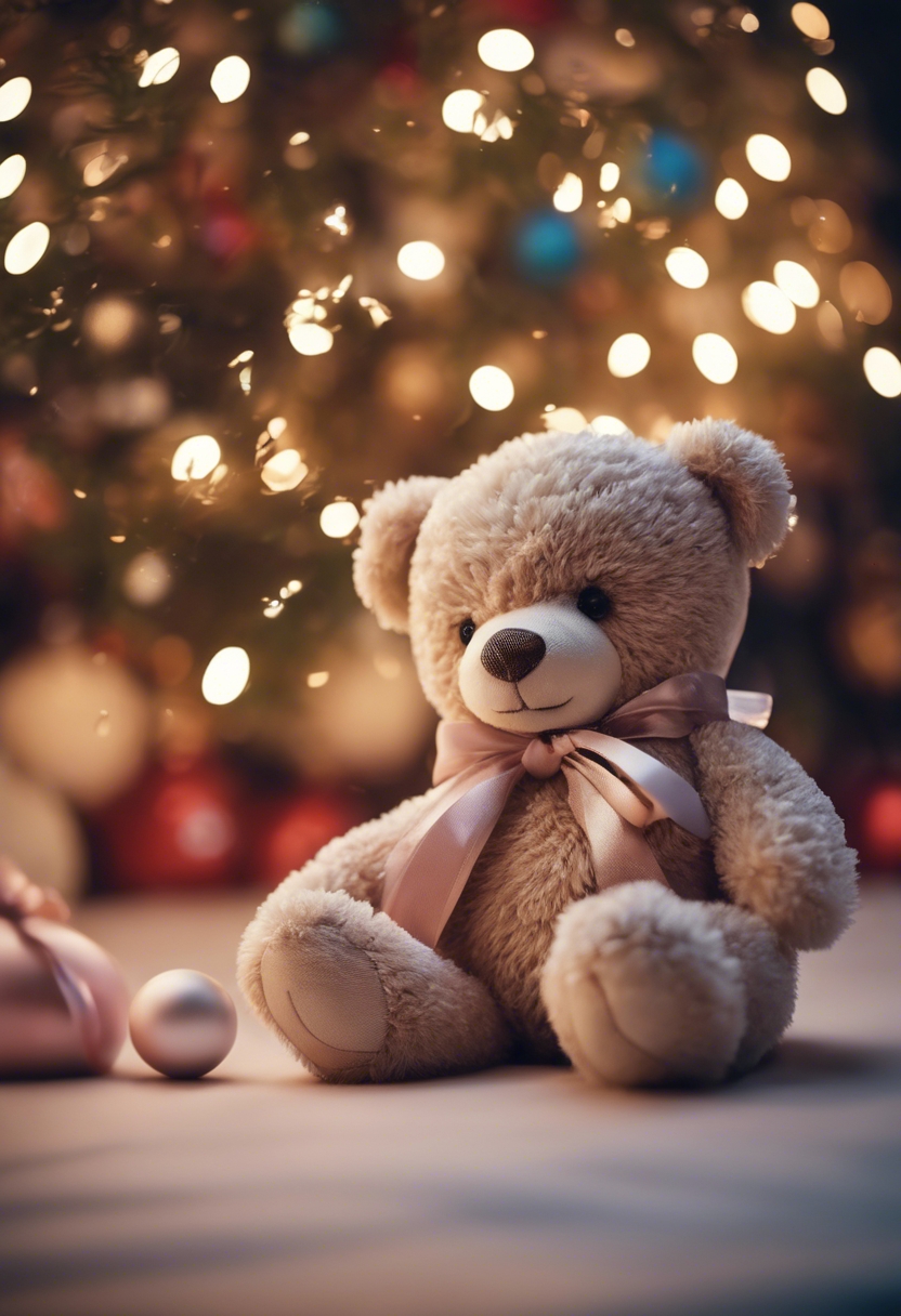 A plush teddy bear entwined in wide ribbons and bows under a twinkling Christmas tree. Divar kağızı[97c7d224dbd240588ec6]