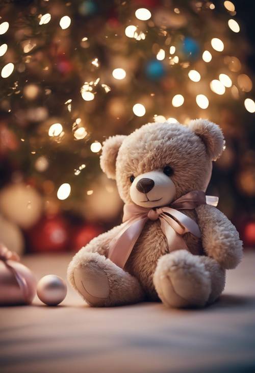 A plush teddy bear entwined in wide ribbons and bows under a twinkling Christmas tree.
