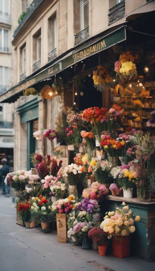 다채로운 색상의 혼합 꽃으로 가득한 고풍스러운 파리 꽃집입니다.