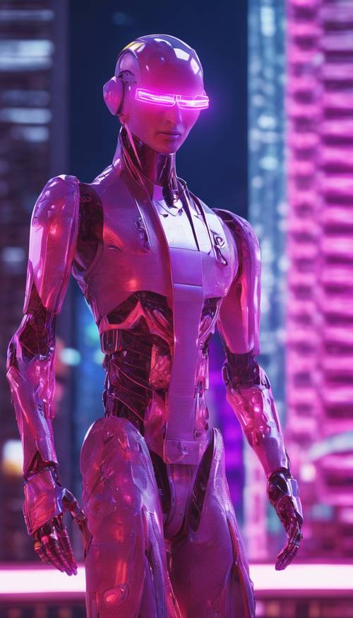Un umanoide cibernetico in un radioso abbigliamento al neon ispirato alle onde del vapore, in posa accanto a un grattacielo futuristico.