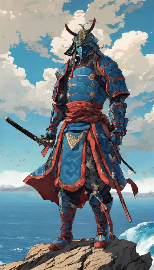 Um samurai de anime com armadura completa, no topo de um penhasco escarpado com vista para o vasto oceano azul.