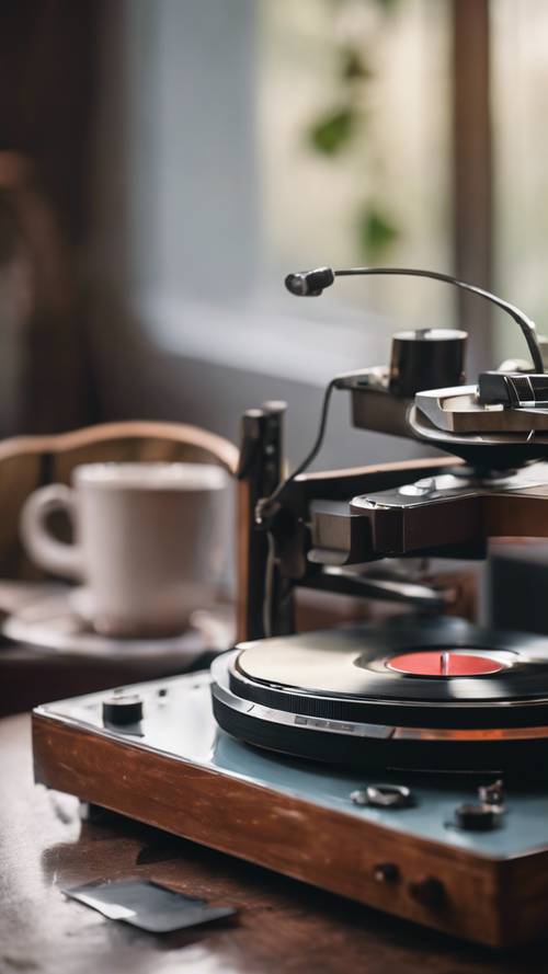 A vintage record player playing music next to a pair of round glasses and a cup of hot coffee.