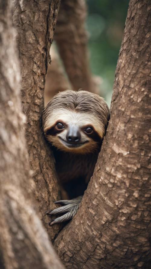 An adventurous sloth peeking curiously from behind a thick tree trunk.