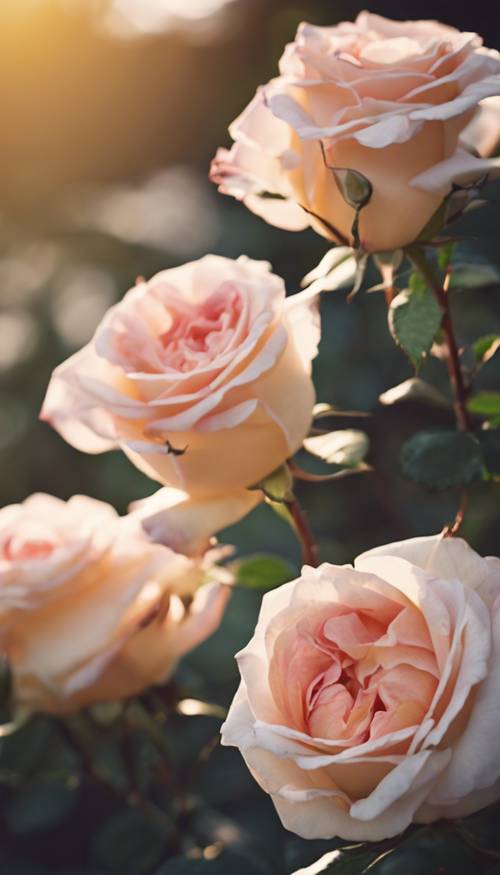 Rosas maduras con un suave filtro de luz solar sobre ellas, dándoles un brillo de ensueño.