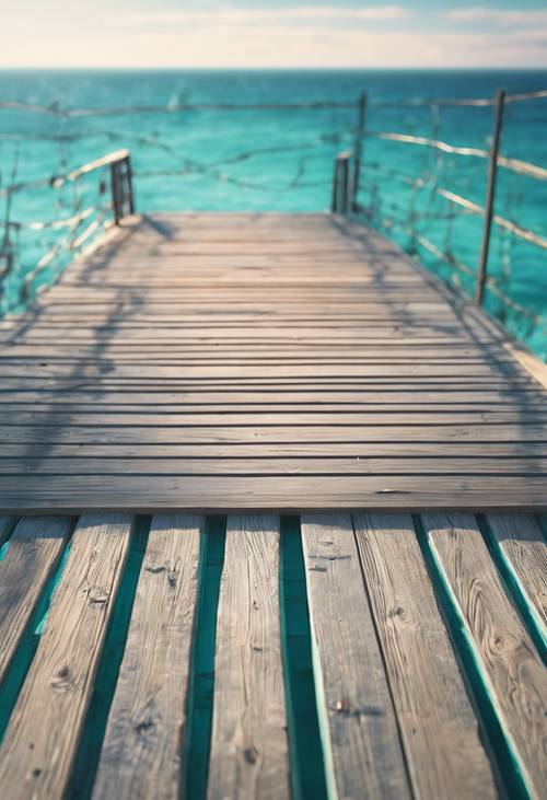 An aerial view of a teal wooden deck by a sunlit sea.