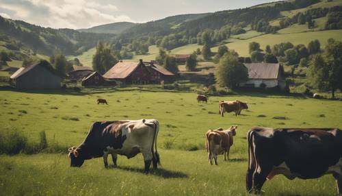 Um vale animado com vacas pastando e fazendas rústicas.