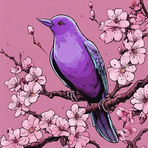 보라색 만화 새가 벚꽃 가지 위에서 행복하게 지저귀고 있습니다.