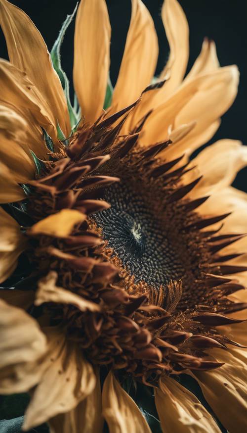 日の光を浴びるひまわりの花びらと種子のアップ画像
