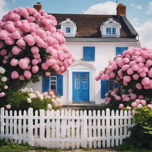 Uma casinha branca com venezianas azuis, cercada por uma cerca coberta de hortênsias cor-de-rosa em flor.