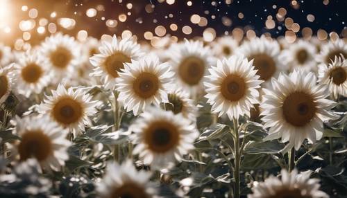 Ein Feld weißer Sonnenblumen unter dem hellen Sternenhimmel. Hintergrund [126fc656e7da4779a871]