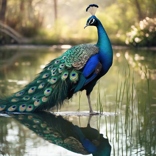 A beautiful teal peacock setting off an aura of tranquility near a pond.