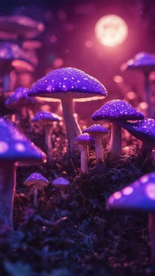 Mágico campo de hongos de color púrpura neón que brilla bajo la luz de la luna en una escena de fantasía.