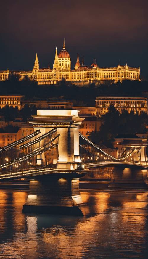 Budapest cityscape lit up at night.