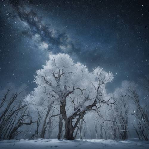 Frost-covered trees standing under the milky way, their skeletal branches reaching out to the starry winter sky. Tapeta [cdb0791ecd3d4a24bf2c]