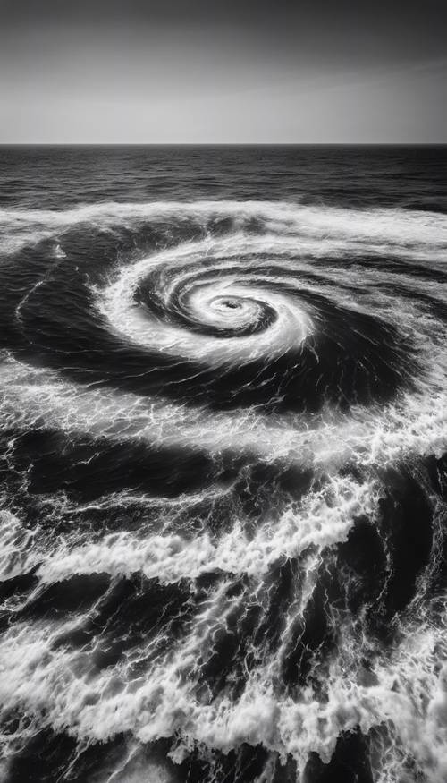 An aerial view of a swirling whirlpool in the middle of the ocean, shown in stark black and white contrasts.
