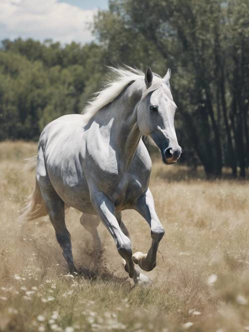 Un bellissimo cavallo grigio argento e bianco che corre in un campo aperto, sotto il sole di mezzogiorno.