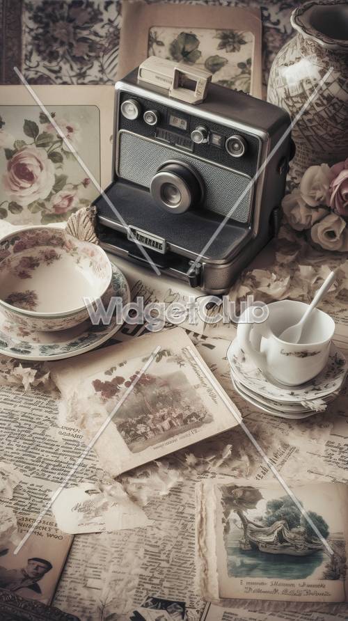 Espositore per macchina fotografica vintage e set da tè