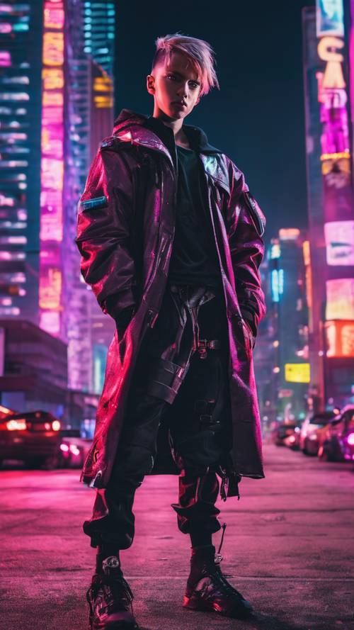 Ein rebellischer Cyberpunk-Junge, gekleidet in Y2K-Kleidung, steht vor dem Hintergrund einer neonbeleuchteten Wolkenkratzerstadt.