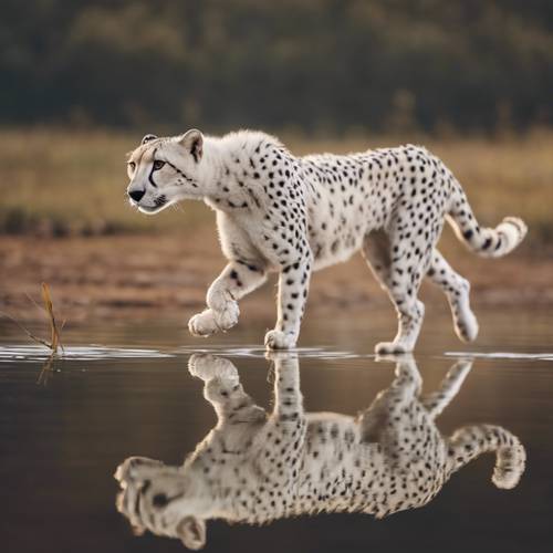 A mirror image of a white cheetah sprinting along the calm lakeside at dusk.
