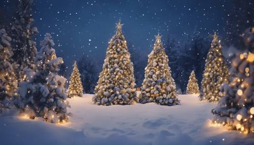 A snowy landscape at dusk dotted with decorated Christmas trees, their lights twinkling against the deep twilight blue.