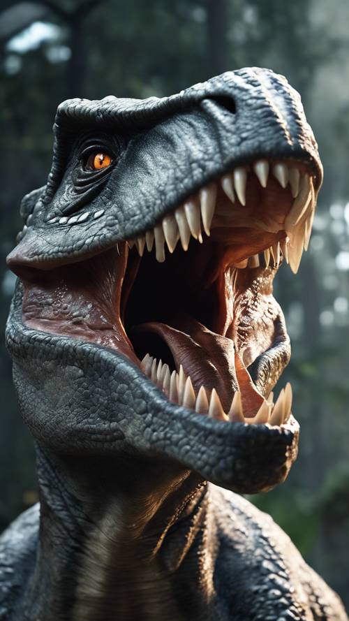 Tampilan dekat dari gigi tajam dan mata bersinar dinosaurus abu-abu yang mengancam.