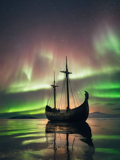 在寧靜的斯堪的納維亞夜晚，迷人的北極光下一艘古老的維京船剪影