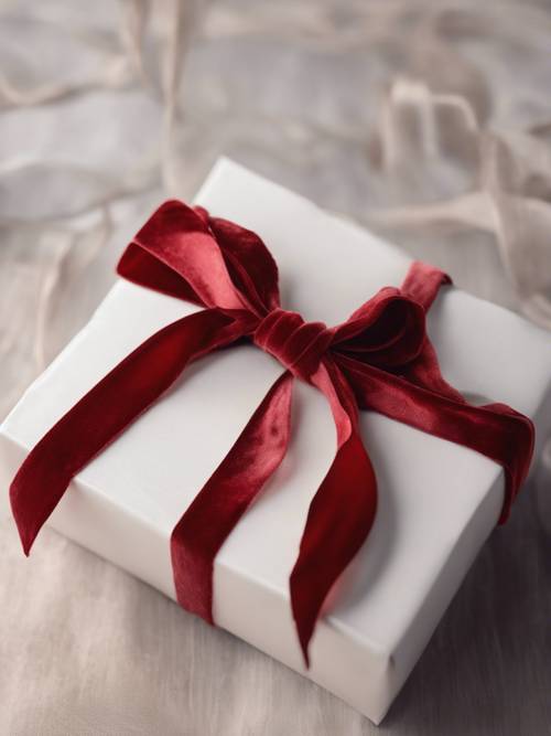 Un delicato nastro di velluto rosso legato in un fiocco perfetto su una confezione regalo.