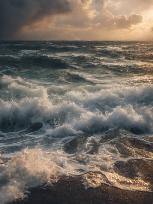 Um mar tempestuoso em uma noite tranquila, com a citação &quot;A humanidade deve lembrar que a paz não é um presente de Deus para suas criaturas, a paz é o nosso presente uns para os outros&quot; brilhando em meio às ondas.