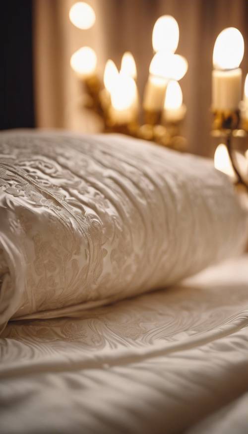 Una lujosa colcha de damasco color crema colocada cuidadosamente sobre una cama tamaño king en una habitación iluminada por velas.