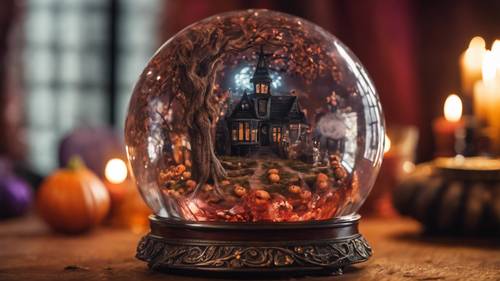 Uma bola de cristal ornamentada revelando futuros horríveis de Halloween em uma mesa de mogno de bruxa