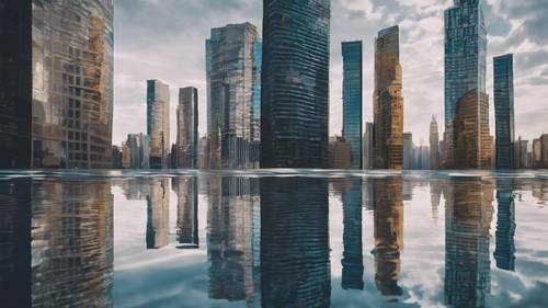 Reflection of aesthetic quotes appearing on skyscrapers in water.