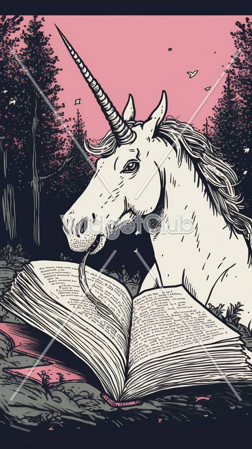 Зачарованный единорог читает в волшебном лесу