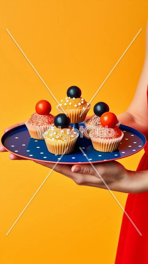 Colorful Cupcakes on a Blue Plate