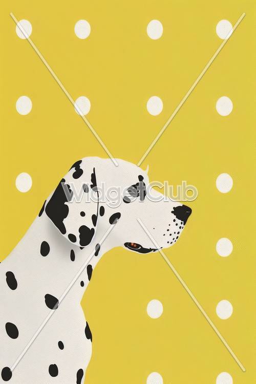黃色圓點背景上的斑點狗