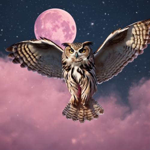 Un búho somnoliento, con las alas extendidas, volando sobre un cielo azul marino con una luna rosa.