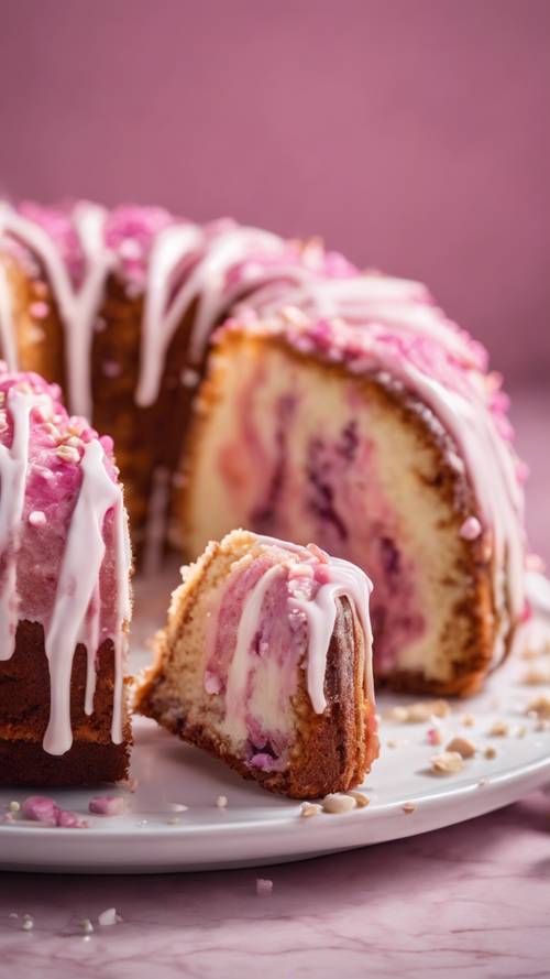 Close de um bolo mármore rosa com chocolate branco escorrendo pela lateral.