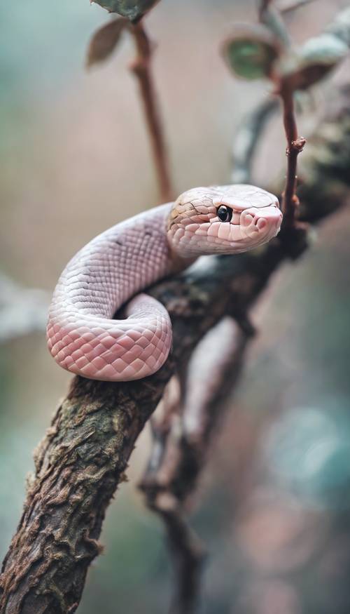 Seekor ular kecil dengan warna pastel yang lembut melilit dahan.