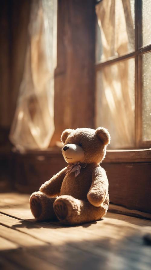 一隻滿是灰塵的舊泰迪熊被遺忘在柔和的陽光照耀下的閣樓。