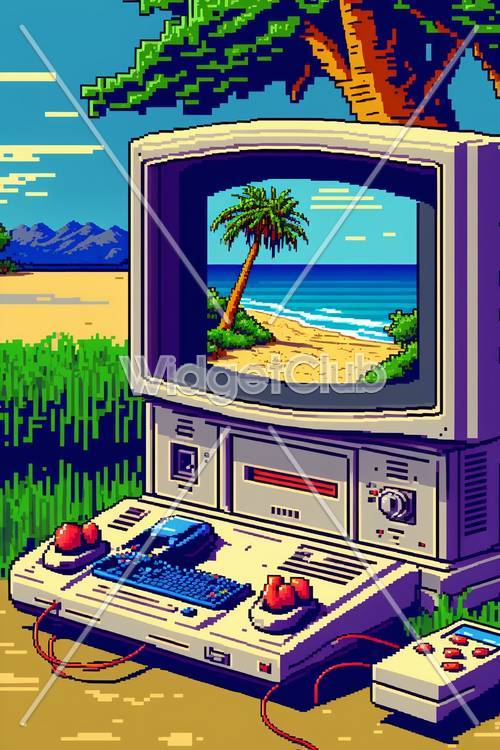 Retro Beach Scene on Old Computer Screen