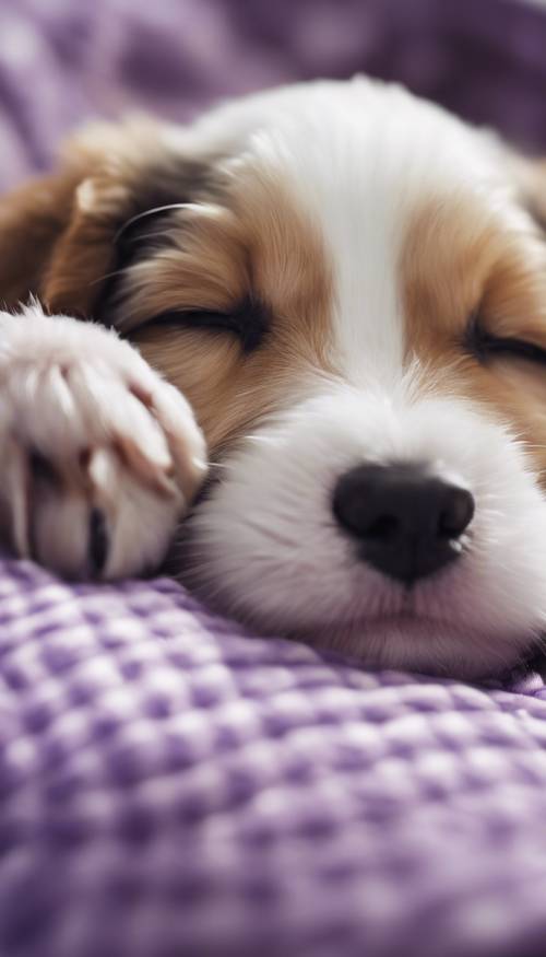 An adorable puppy snoozing in a purple plaid dog bed Tapet [e7d1bdeff67c4fd0bec9]