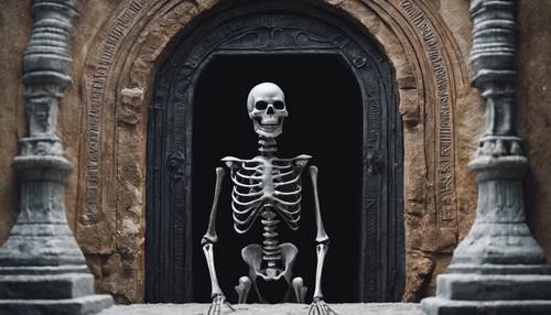 Um esqueleto negro emergindo de um portal místico com um sorriso assustador.