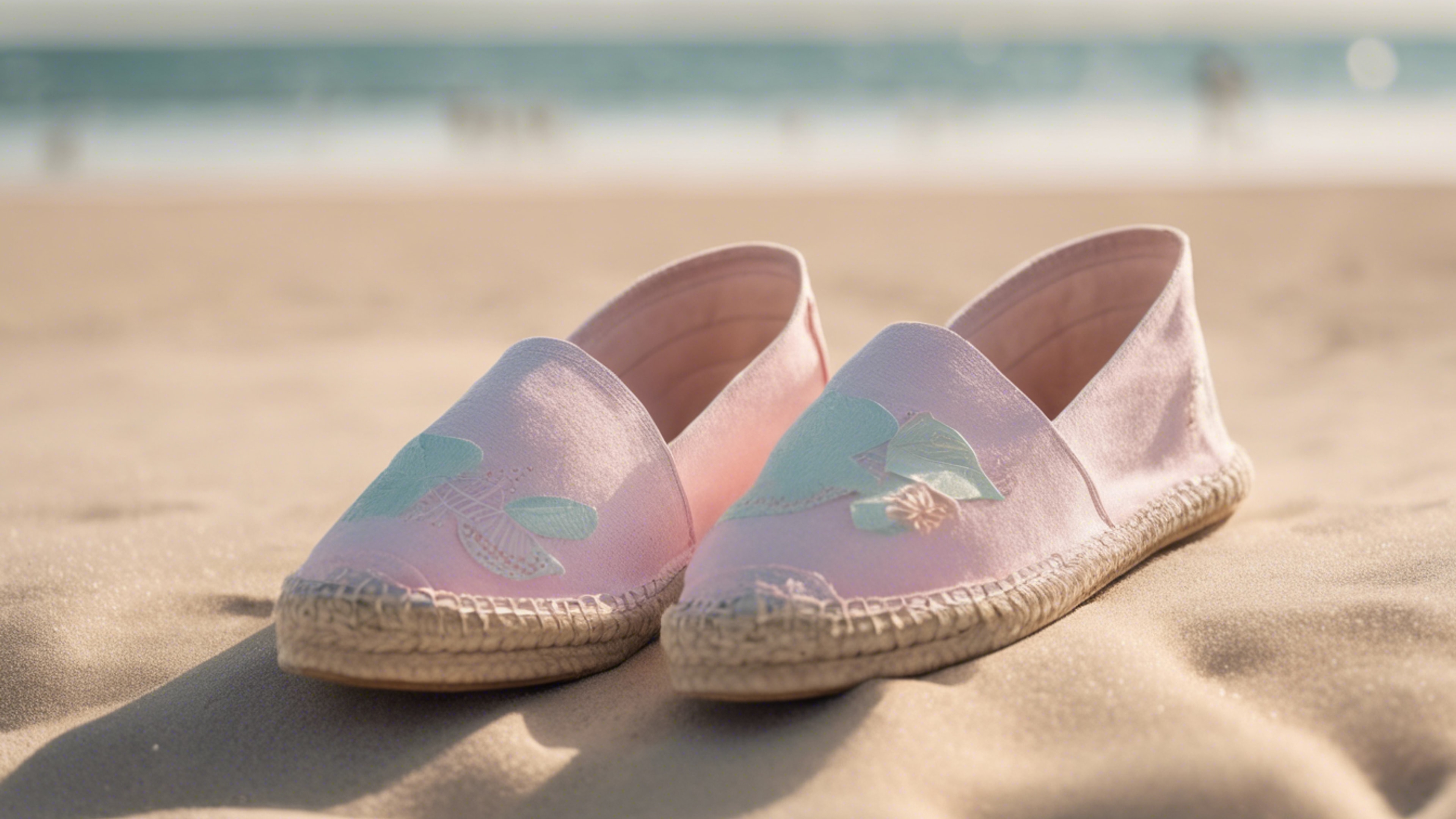 A shot of pastel-colored espadrilles, a perfect preppy summer footwear choice, against a backdrop of a sandy beach. Wallpaper[fecf11016962422c9305]