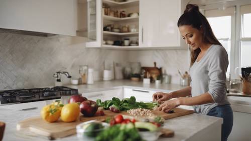 Mutfağında sağlıklı yemek hazırlayan bir kadın, kilo vermede beslenmenin öneminin altını çiziyor.
