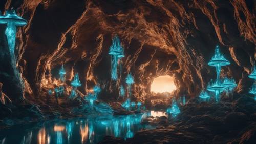 Surrealistyczna panorama podziemnego miasta w jaskiniach świecącego bioluminescencyjnymi grzybami.