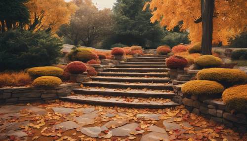 Estetyczny ogród z chodnikiem z piaskowca otoczonym żywymi jesiennymi liśćmi.