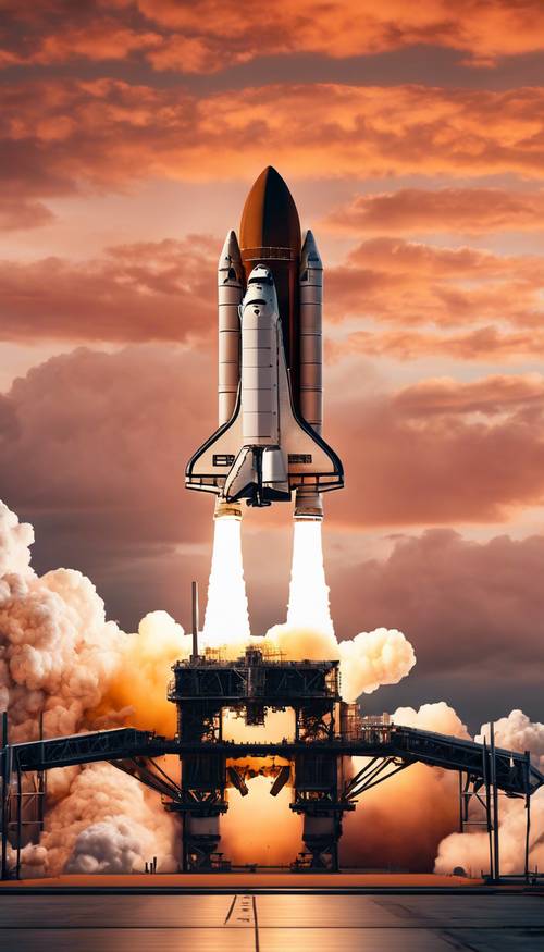A space shuttle launching into a bright, orange twilight sky full of scattered clouds. Tapet [f52fee5d4f744524b634]