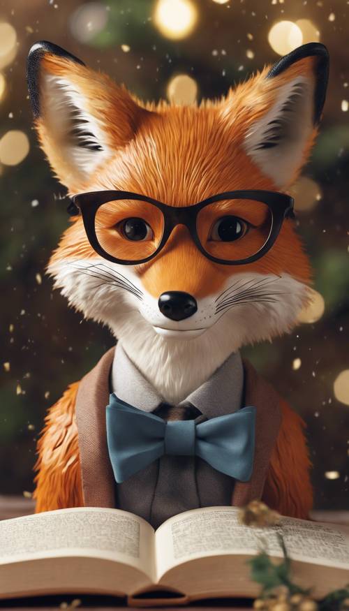 Uma ilustração extravagante de uma raposa fofa usando gravata borboleta e óculos, lendo um livro.
