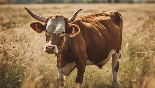 阳光明媚的田野里，一头顽皮的棕色小牛在追逐球。