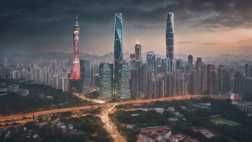 O horizonte em rápido crescimento de Shenzhen, capturando um momento de revolução arquitetônica dinâmica.