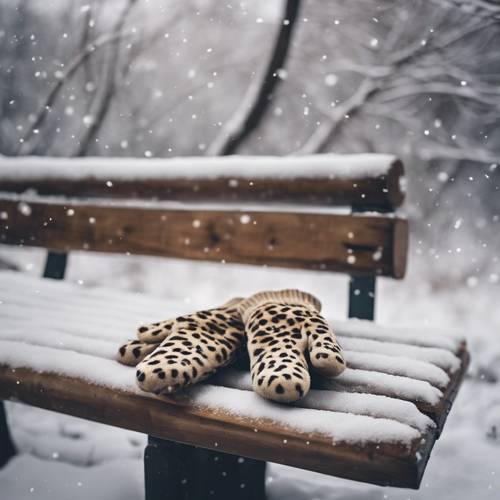 Queda de neve pousando suavemente em lindas luvas com estampa de chita dispostas em um banco.